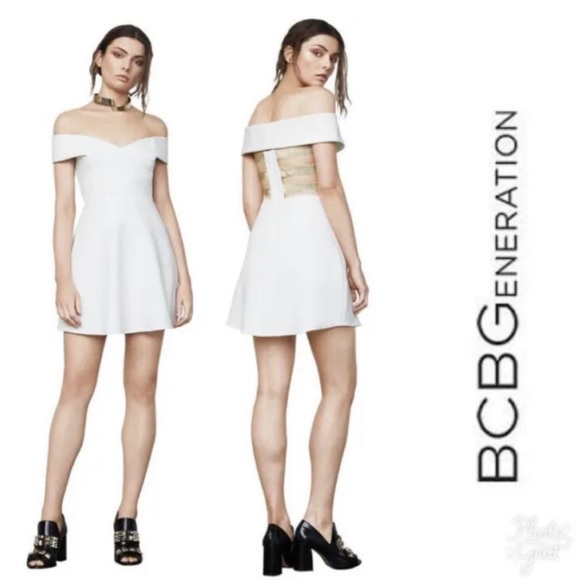 NWT BCBG MAXAZRIA Carolyn Off-The-Shoulder Dress Off White Gold back - Picture 1 of 5